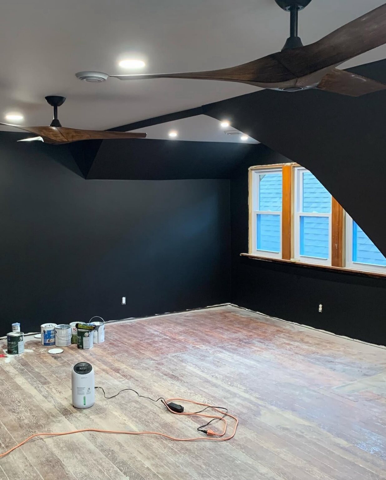 Deep blue painted interior with bright trim
